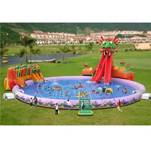 Parc aquatique gonflable avec piscine et toboggan dragon rouge, équipement Commercial