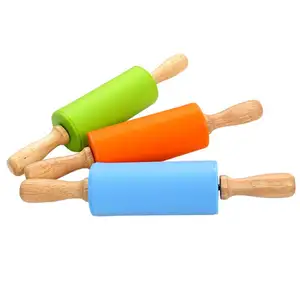 Lixsun 9 Inch Children Design Silicone Rubber Rolling Pin for Kids With Non-stick Surface and Comfortable Wood Handles