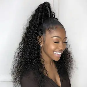 アメリカの黒人女性のための人間の髪のねじれたポニーテールヘアピースポニーテールのカーリーポニーテール巾着クリップ4色利用可能