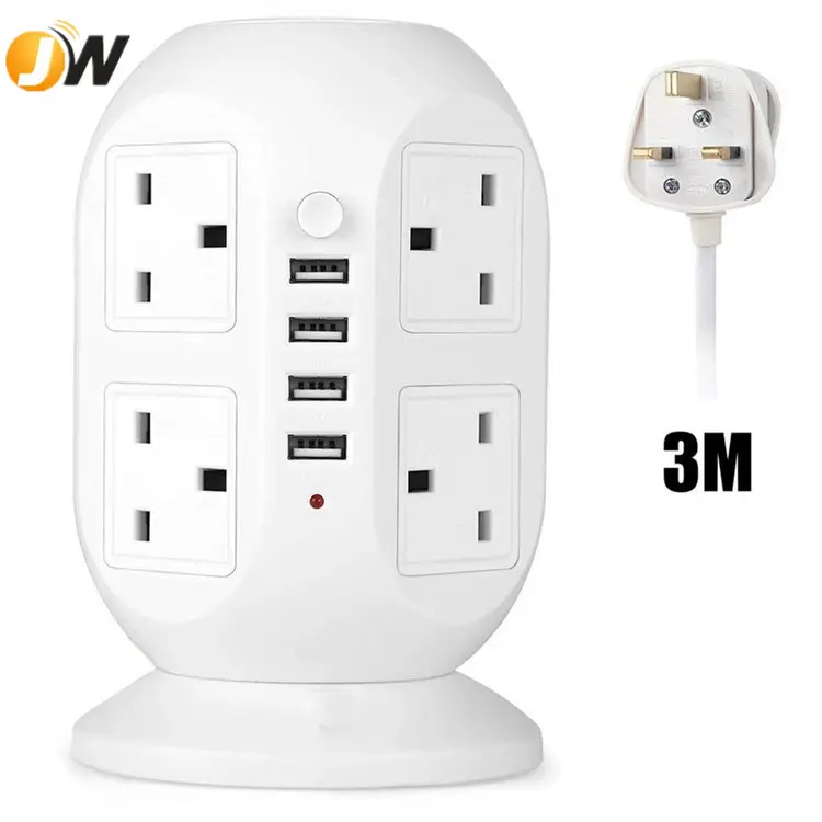 3M/9.8ft Extension Lead,4 USB Ports 8 Way Outlets Tower Power Strip Vertical Socket mit Surge Protector Overload Protection