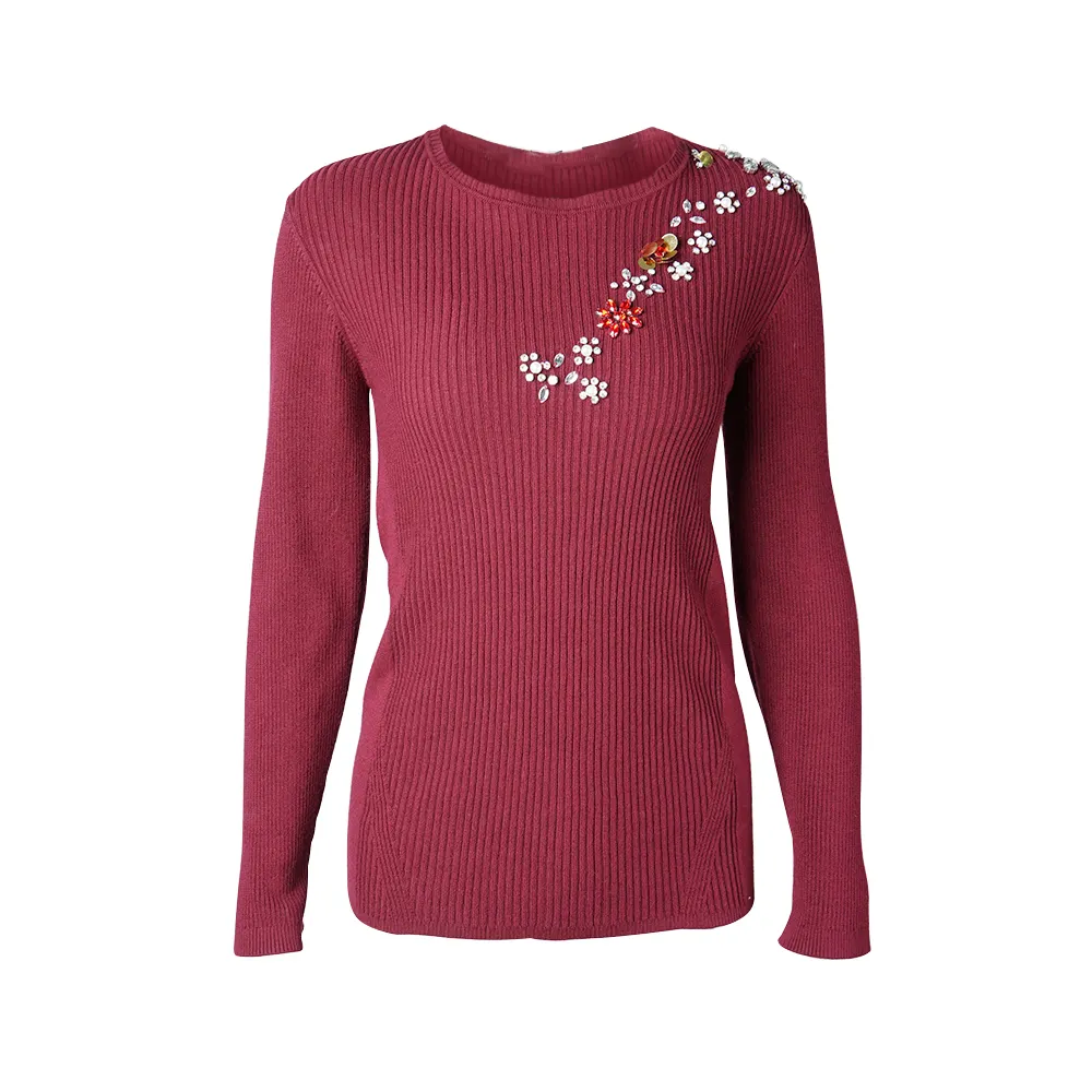 2018 ribbed german sweater pullover long sleeves flower decorated diamond trims modelos de chompas de lana para mujer