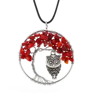 Regalo de joyería, joyería envuelta en alambre, árbol de la vida de Coral rojo con colgante de búho, collar hecho a mano