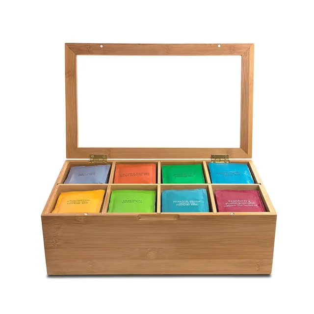 Natural Wooden Bamboo Tea Box Storage Organizer Adjustable Chest Compartments