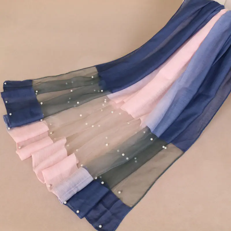 Gradiënt Sjaal Hijaabs Vrouwen Mode Polyester Kant Kralen Sjaal Parel Wrap Pashmina Moslim Sjaal 185*70 cm