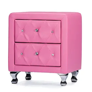 Crystal Tufted Upholstered Modern Pink leather Nightstand