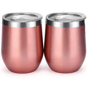 Custom Logo Vaccum Insulated Wine Cup with Lid Rose Gold, 12oz Double Wall Insulated Termos Wine Glass Tumbler^