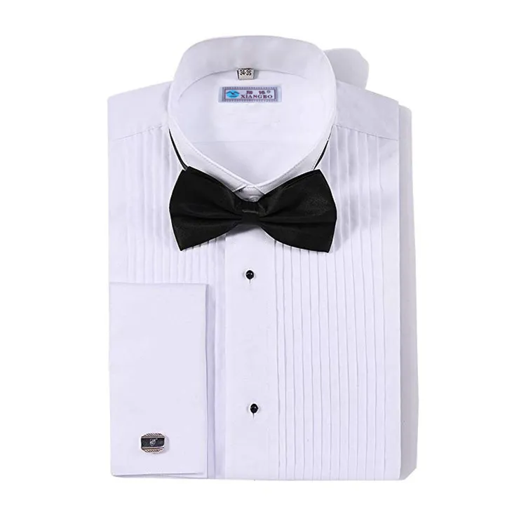 Manufacturer men pleated pure color long sleeve french cuffs dress shirt with bow tie