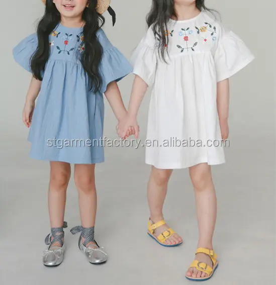 Cotton Embroidery Girls Summer Dress Flare Sleeves Princess Summer Girl Dresses Solid White Blue Kids Clothing STb-0943