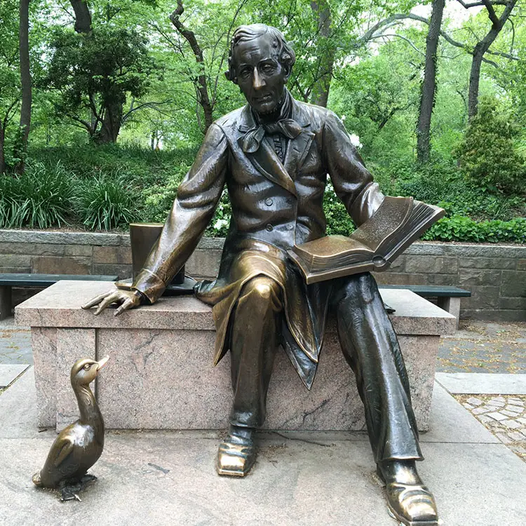 Sitting Man Reading A Book With Duck Bronze Garden Statue