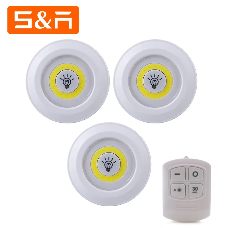 Best 3 Pack 2W COB LED Battery Powered Cordless Tap Remote Control Night Light for Cabinet Corridor Room