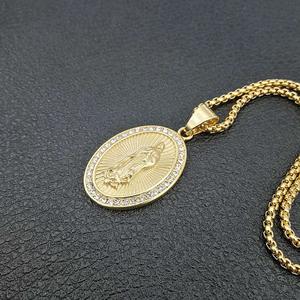 欧洲宗教复古真金电镀圣母玛利亚项链臀部跳铺平道路水晶不锈钢圣母