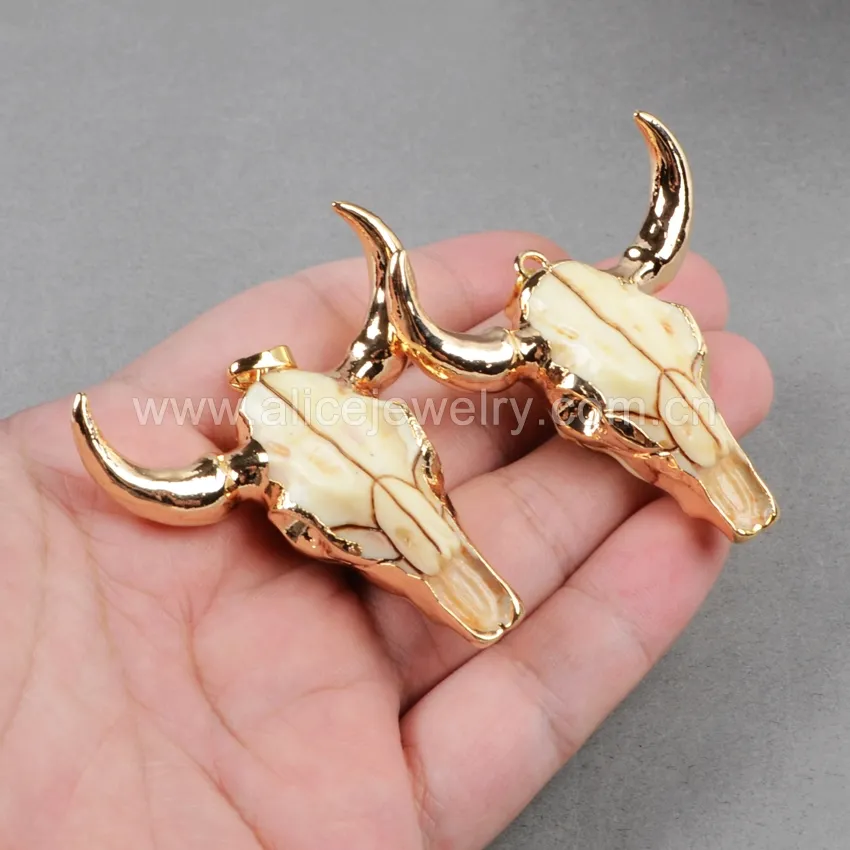 Liontin Tengkorak Banteng Tanduk Resin, Liontin Kalung Hewan dengan Lapisan Emas