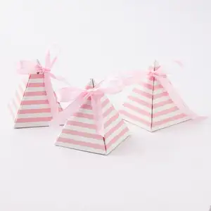 DIY Wedding Party Favor Box Pink Striped pyramid Candy Bag Chocolate Gift Boxes Bridal Birthday Shower Bomboniere with Ribbons
