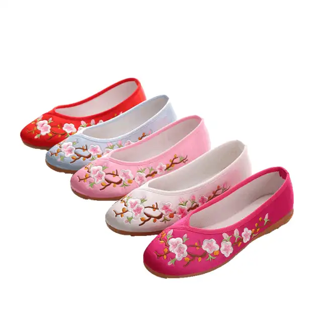 Sepatu Buatan Tangan Gaya China, Sepatu Flat Wanita Bordir Bunga Nyaman, Sepatu Slip On, Sepatu Loafer Wanita
