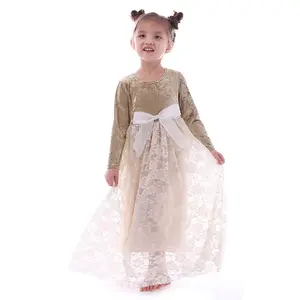 Vintage Velvet Long Sleeve Baby Girl Frock Design Toddler Girl Wedding Dresses