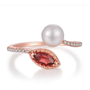 Adjustable Marquise Red Garnet and Real Freshwater Pearl Open Sterling Silver 925 Ring RI048