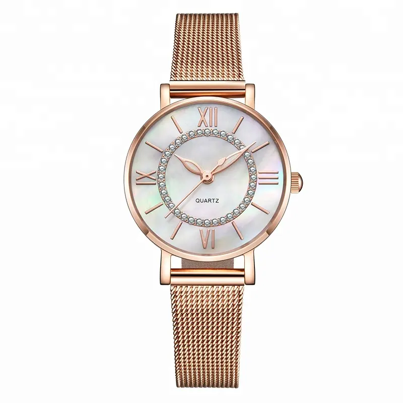 Ladies Rose Gold stainless steel watches white mother pearl dial mesh band luxury fine watch