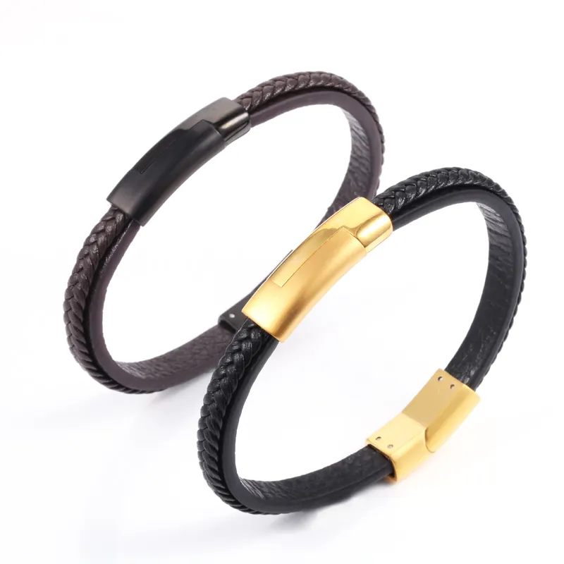 Fashion Genuine Leather Braided Bracelet with Gold Plated Magnetic Clasp Fashion Design Accessory Men's Stainless Steel Jeweley