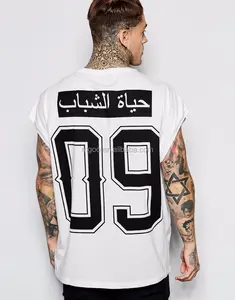 Oversized Longline T-Shirt With Arabic Text Print Plain White Tee With Back Printed Number Cotton Sportswear Short Sleeve