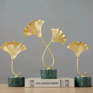 Feuille de ginkgo en métal, 30 cm, ornement de décoration pour la maison, avec base en marbre