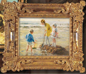 <span class=keywords><strong>Pintura</strong></span> al Óleo de <span class=keywords><strong>Estilo</strong></span> Vintage de Niños Jugando en la Playa en un Marco de Madera Antiguo Dorado - Product Image 2