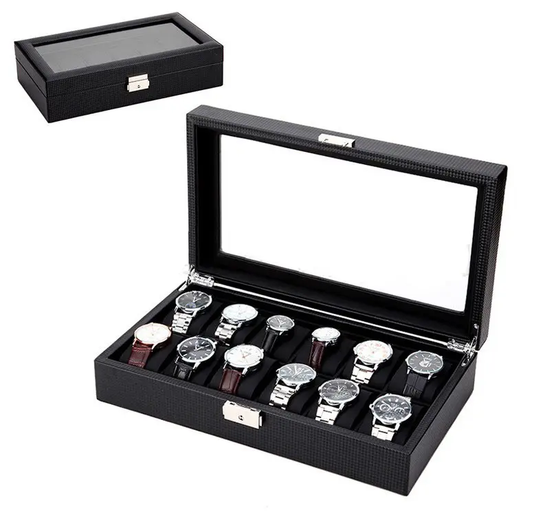 Caja de exhibición de fibra de carbono para reloj de pulsera, de lujo, de cuero PU, con 12 ranuras, diseño a la moda, color negro