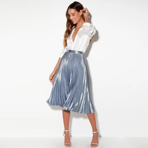 Falda <span class=keywords><strong>Midi</strong></span> Plisada en Línea A, Metálica, de Cintura Alta, Color Azul Claro - Product Image 3