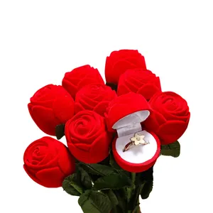Caja de compromiso de lujo personalizada para boda, San Valentín, regalo de moda, terciopelo, rosa roja, embalaje de joyería, caja de anillo