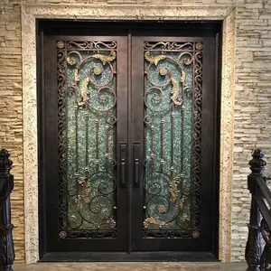 Puerta de acero exterior decorativa de seguridad, hierro forjado de lujo