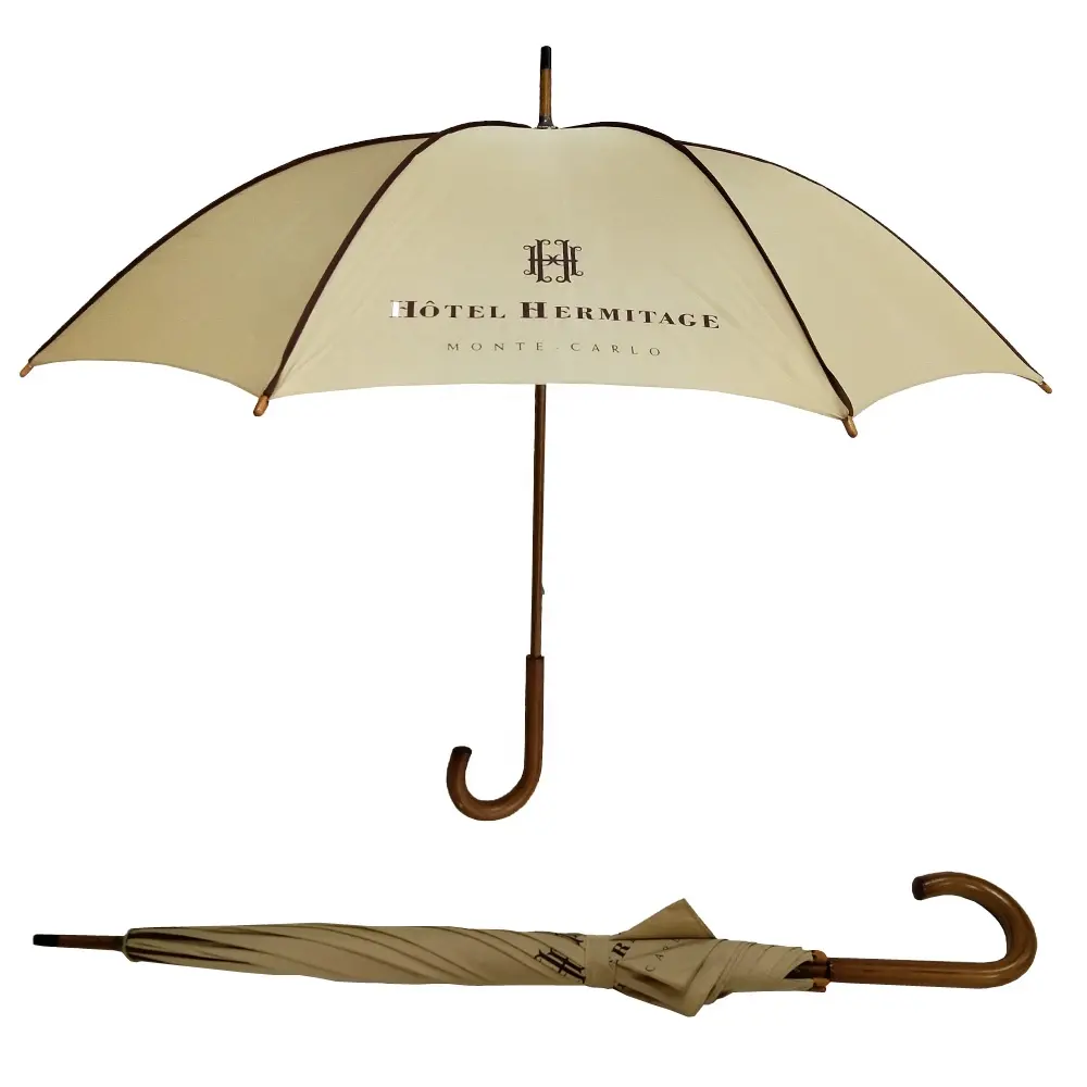 Guarda-chuva manual de madeira com impressão de logotipo amarelo personalizado, guarda-chuva para arte de hotel