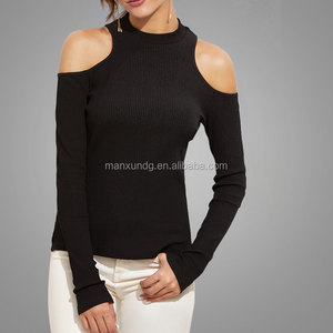 Causal base <span class=keywords><strong>camisa</strong></span> mujeres del diseño para el invierno material de punto negro <span class=keywords><strong>sin</strong></span> <span class=keywords><strong>tirantes</strong></span> hombro Ribbed t-shirt - Product Image 5