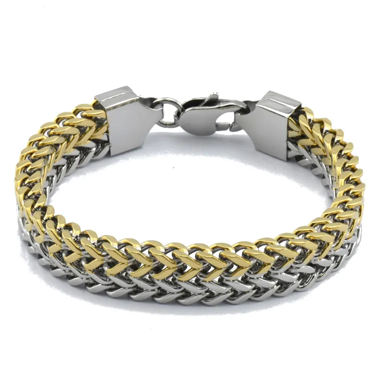 Männer 12mm Link Handgelenk zwei ton Poliert Edelstahl zwei-strand weizen kette Square Box Link Armband