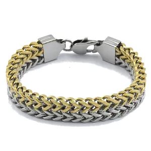 Men's 12mm Link Wrist two tone Polished Stainless Steel two-strand wheat chain Square Box Link Bracelet