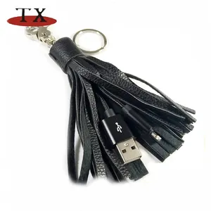 USBデータ充電器ケーブル付きのスタイリッシュなタッセルレザーキーホルダー黒のタイプCコードレザーキーリング