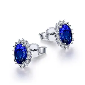 Grosir Anting Wanita Safir Emas Putih 1,23ct 18K dengan Berlian Klasik Batu Permata Biru Perhiasan Emas