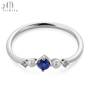 Bague exquise en or blanc massif 18 carats pour fête de mariage vintage saphir bleu naturel diamant perle d'eau douce pour femme - Product Image 2
