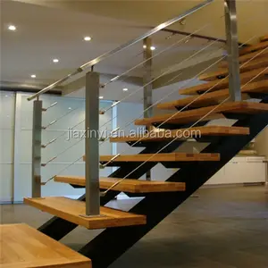 Modern double stringer wooden stairs with cable /wire railing china suppliers