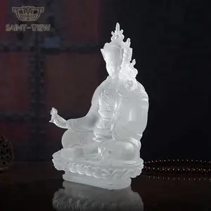 राजसी रंगीन कांच Liuli Vajrayana बुद्ध प्रतिमा पद्मसम्भव मूर्तिकला H12cm