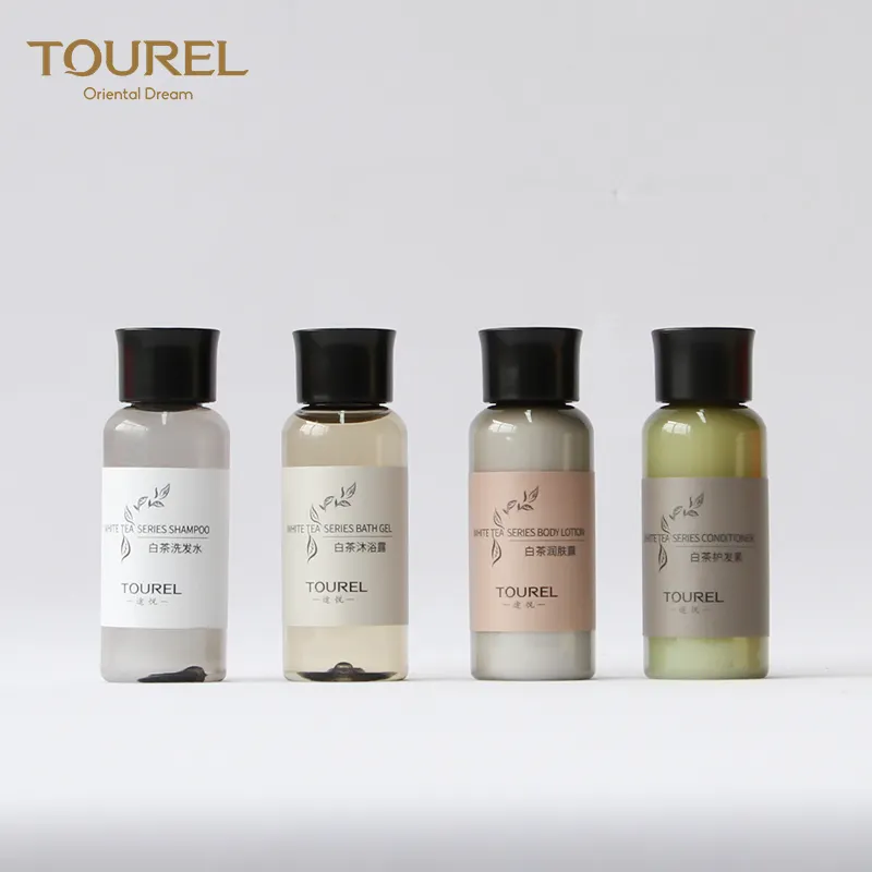 New arrival hotel toiletries green tea hotel bottles shampoo / bath gel / conditioner / body lotion 30ml