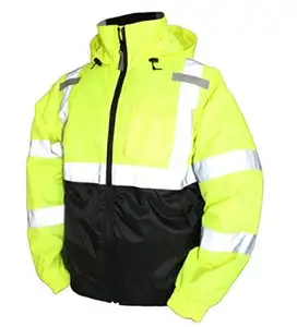 New York Hi-Viz Trabalho desgaste dos homens ANSI Classe 3 Alta Visibilidade Classe 3 Full Zip com capuz, leve, fundo preto