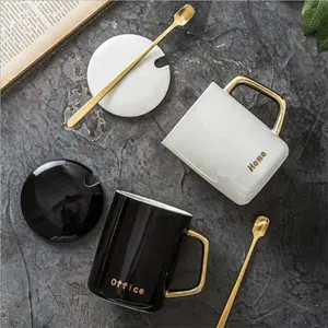 Tasse à poignée en céramique avec cuillère, 400ml, 1 pièce, logo personnalisé, noir, blanc, za, vente en gros - Product Image 1