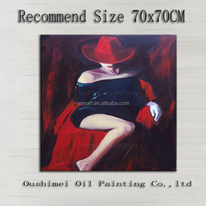 Compétences artiste peint à la main Impression Sexy Lady Portrait peinture à l'huile sur toile à la main Hot Body Lady avec des photos de chapeau rouge - Product Image 2