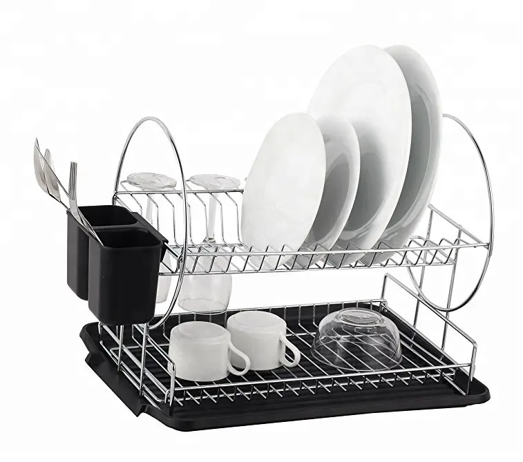 Prateleira de metal com escorredor de prato, prateleira de secagem moderna para cozinha, 2 tier com utensilho caddy dish