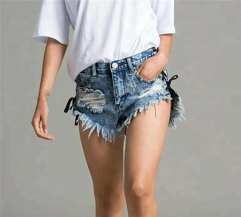 Short ample à lacets noir pour femme, mini short sexy en denim, bleu foncé, idéal en été