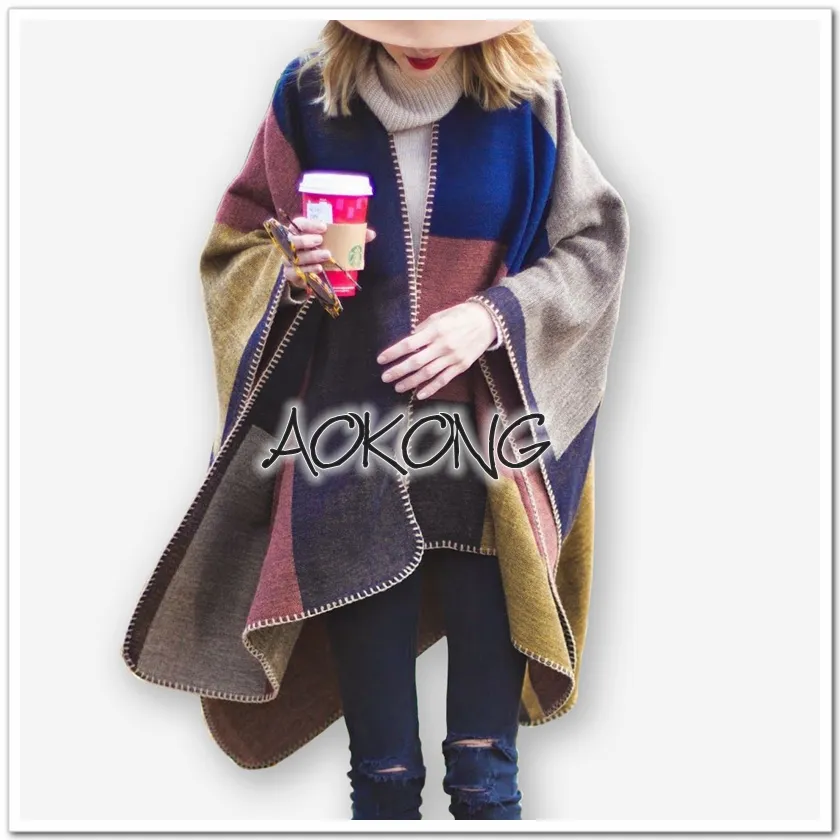 2015 brand colour block stitched blanket cape coat winter scarf plaid women poncho wraps check top cashmere acrylic shawls