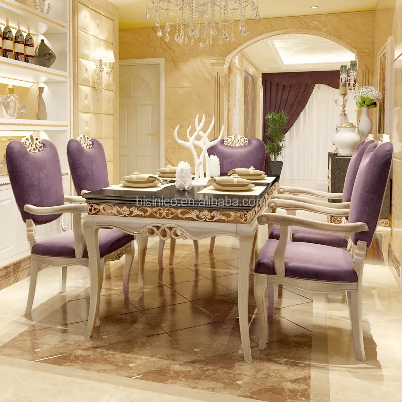 Italy New Classic Fancy Dining Room Furniture Set/ Antique Wooden Carving Long Dining Table For 6 People With Purple Chairs