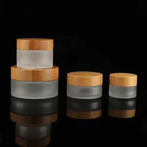 Environmental Bamboo Lid Cosmetics Containers And Packaging Frosted Glass Bottle Cream Jars