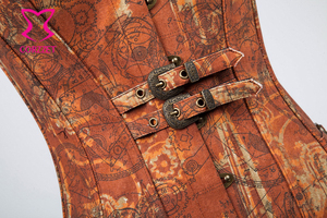 Corzzet Vintage Brown <strong>Denim</strong> Overbust Steampunk Bodyshaper Gothic Steel Boning Firm Control <strong>Corset</strong> and Bustier With Button
