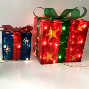 UL 列出的便宜促销户外花园照明 3PC 圣诞装饰金属 3D 圣诞闪光 PVC 礼品盒主题灯