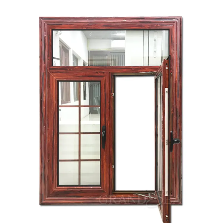 Wooden color surface finished window aluminum frames grill design ideas inside double glass